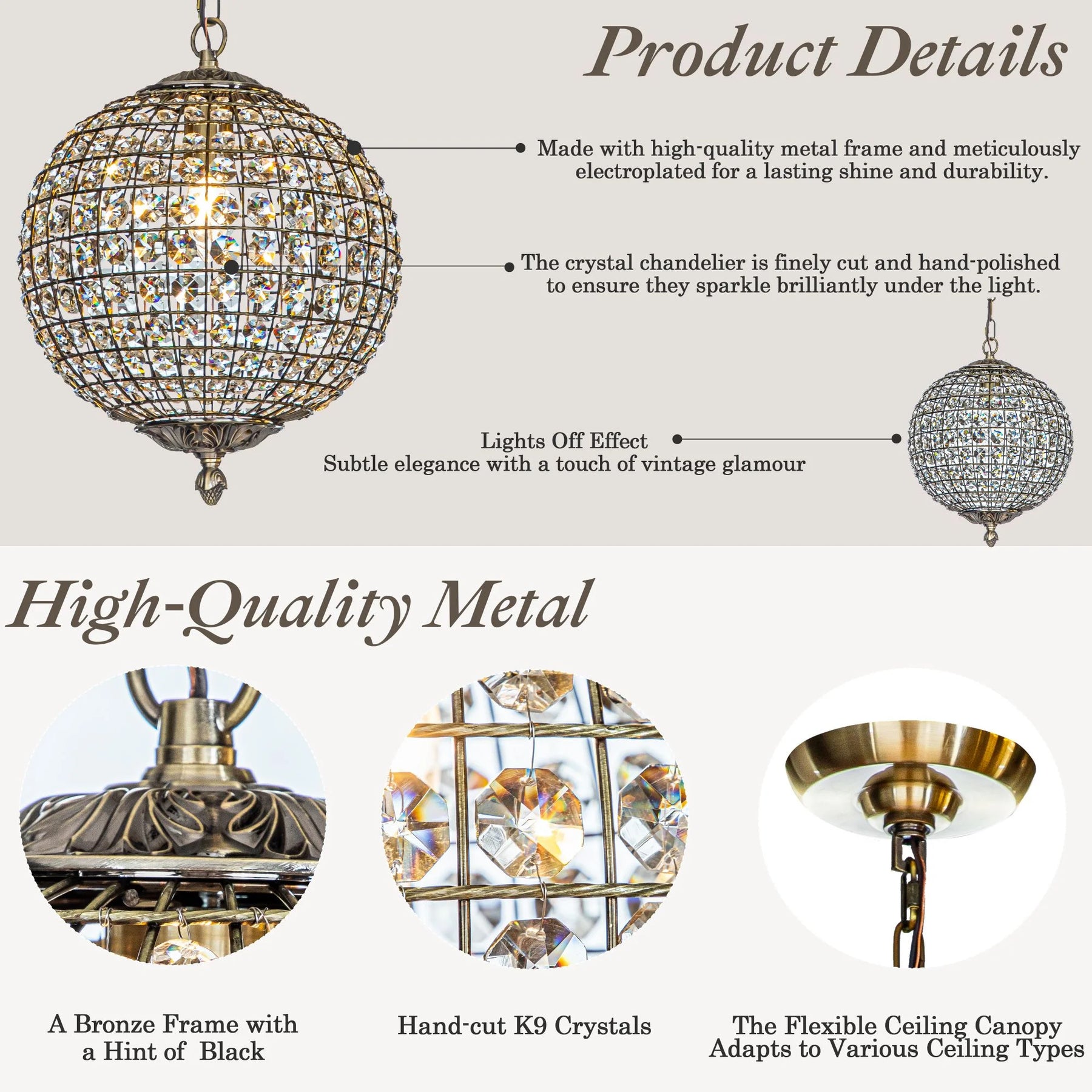 1-Light 12" Retro Antique Gold Crystal Globe Chandelier Small Sphere Pendant Light