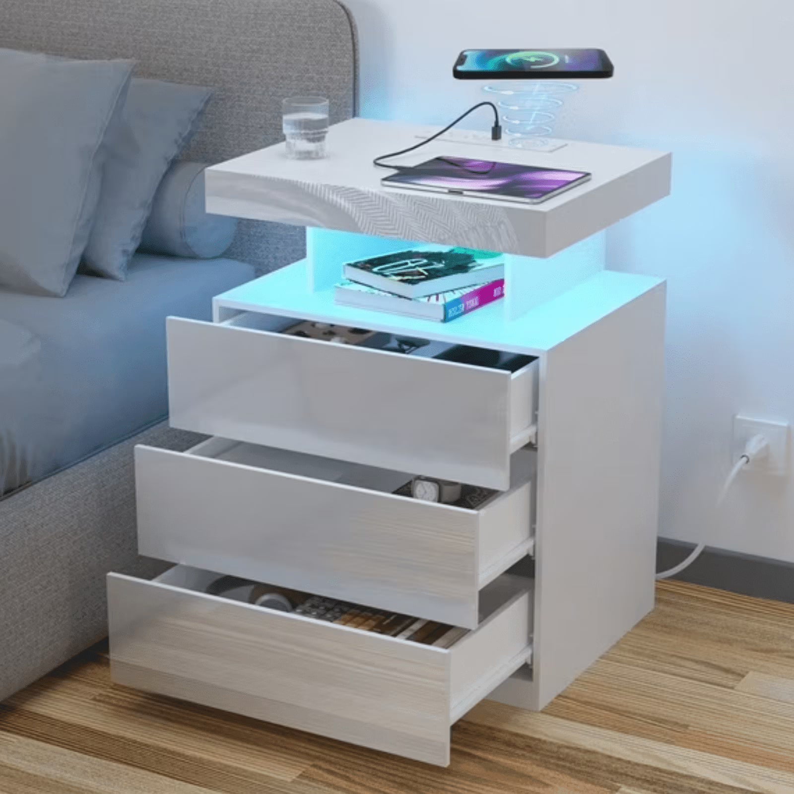 Hommpa LED Nightstand Wireless Charging Station USB Type C Outlets Bedside Table 3 Drawers Black Night Table Modern Smart Nightstand High Gloss End Side Table for Bedroom Furniture 26.8" Tall