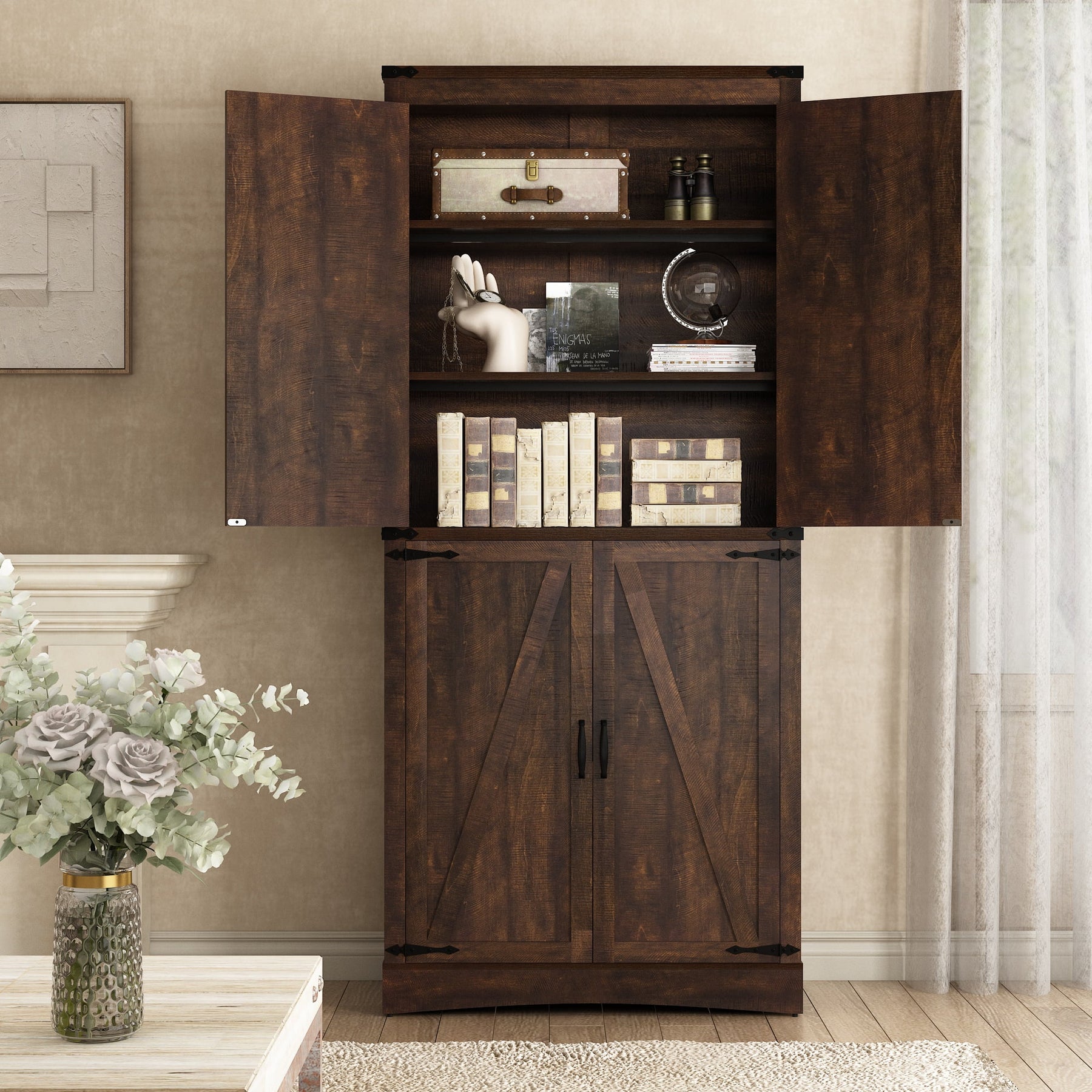 71" Tall Farmhouse Kitchen Pantry Cabinet, 5 Layers Storage Cabinet with Adjustable Shelves, Farmhouse Pantry Cabinet with 4 Barn Doors