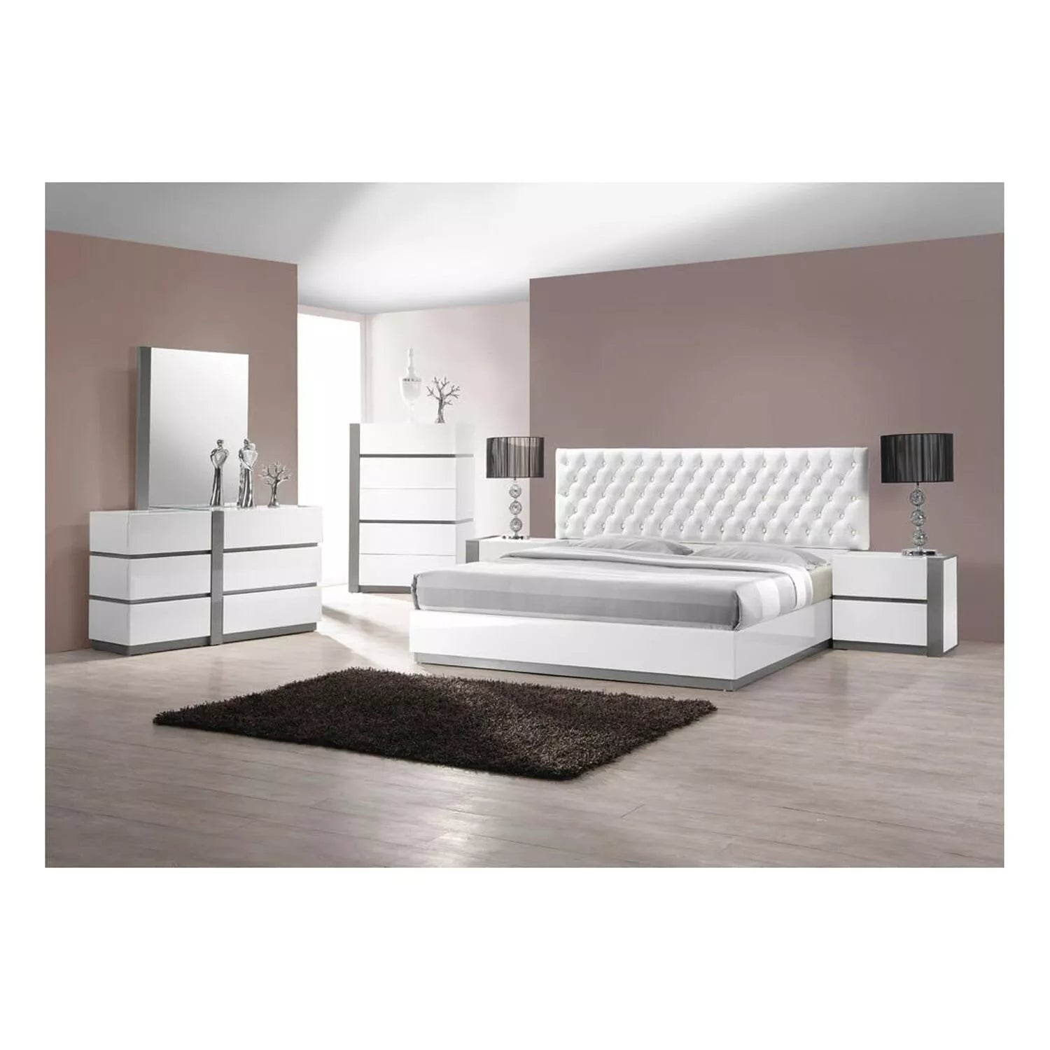 3 Piece Modern Bedroom Furniture Set, California King Platform Bed with 2x Nightstand, White Lacquer Finish