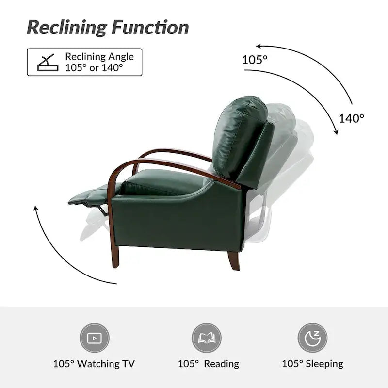 Set of 2 Alex Mid - Century Modern Genuine Leather Manual Recliners with Curved Wooden Arms