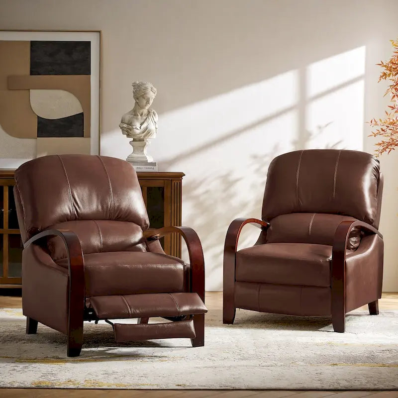 Set of 2 Alex Mid - Century Modern Genuine Leather Manual Recliners with Curved Wooden Arms