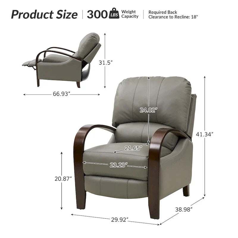 Set of 2 Alex Mid - Century Modern Genuine Leather Manual Recliners with Curved Wooden Arms