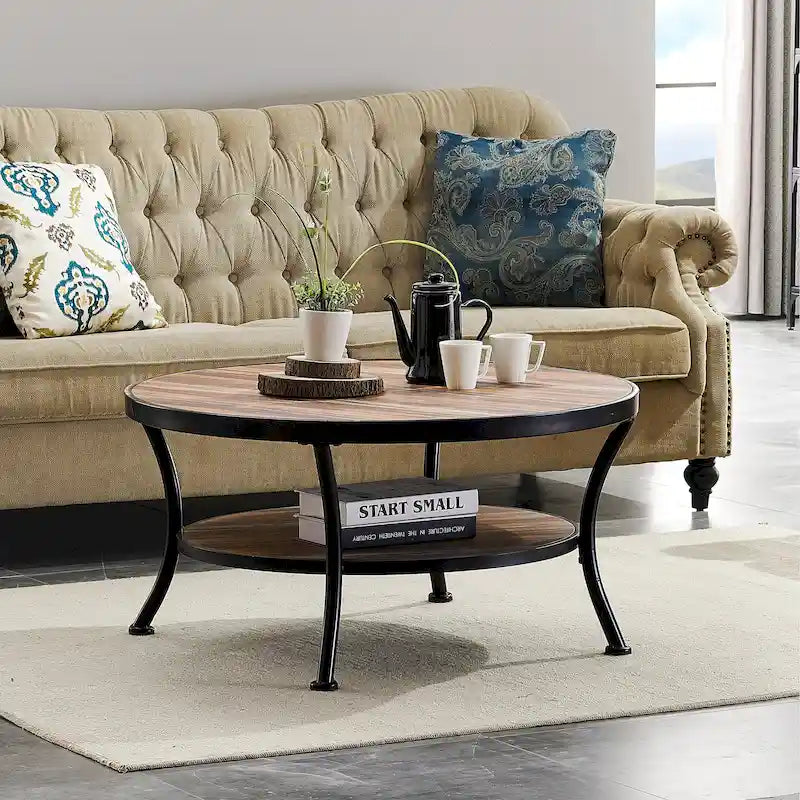 Myhozm Industrial Round Metal Coffee Table with Shelf – Perfect for Living Room, Home Office, and Bedroom