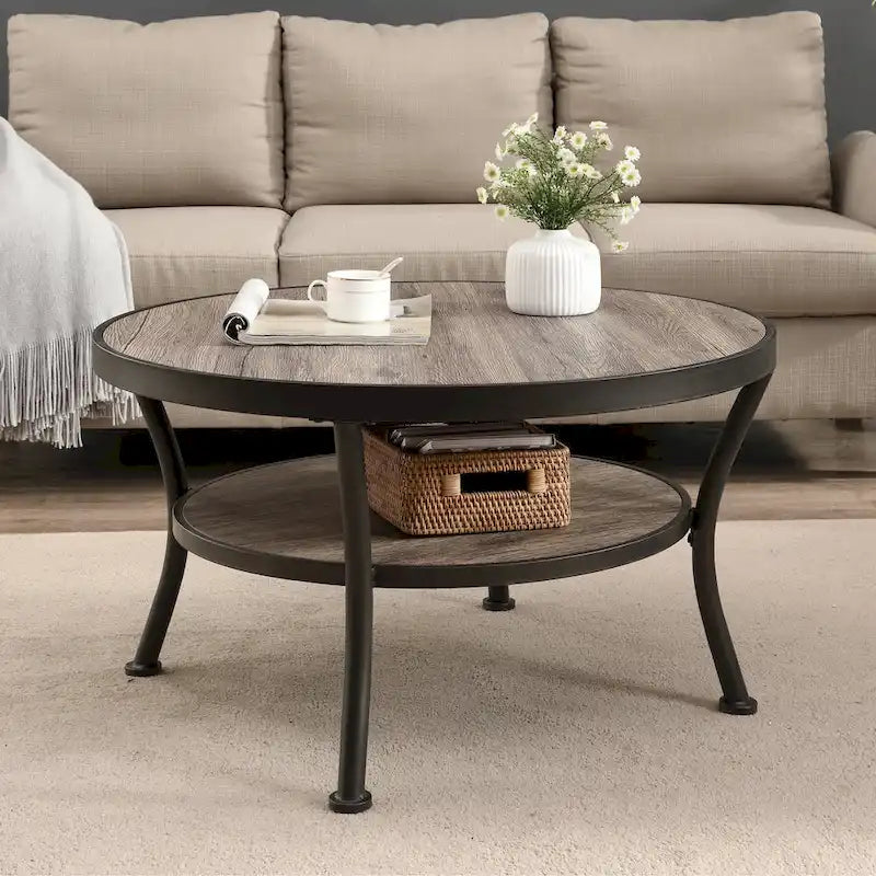Myhozm Industrial Round Metal Coffee Table with Shelf – Perfect for Living Room, Home Office, and Bedroom