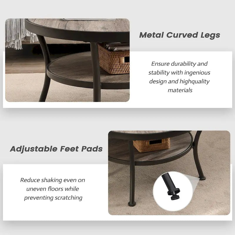Myhozm Industrial Round Metal Coffee Table with Shelf – Perfect for Living Room, Home Office, and Bedroom