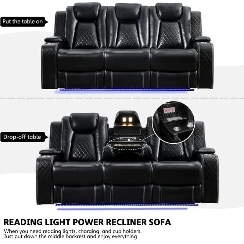 Black Power Reclining Sofa with Wireless Charger, Reading Light, Faux Leather, LED Lighting, AC/USB Ports, and Cup Holder for Living Room