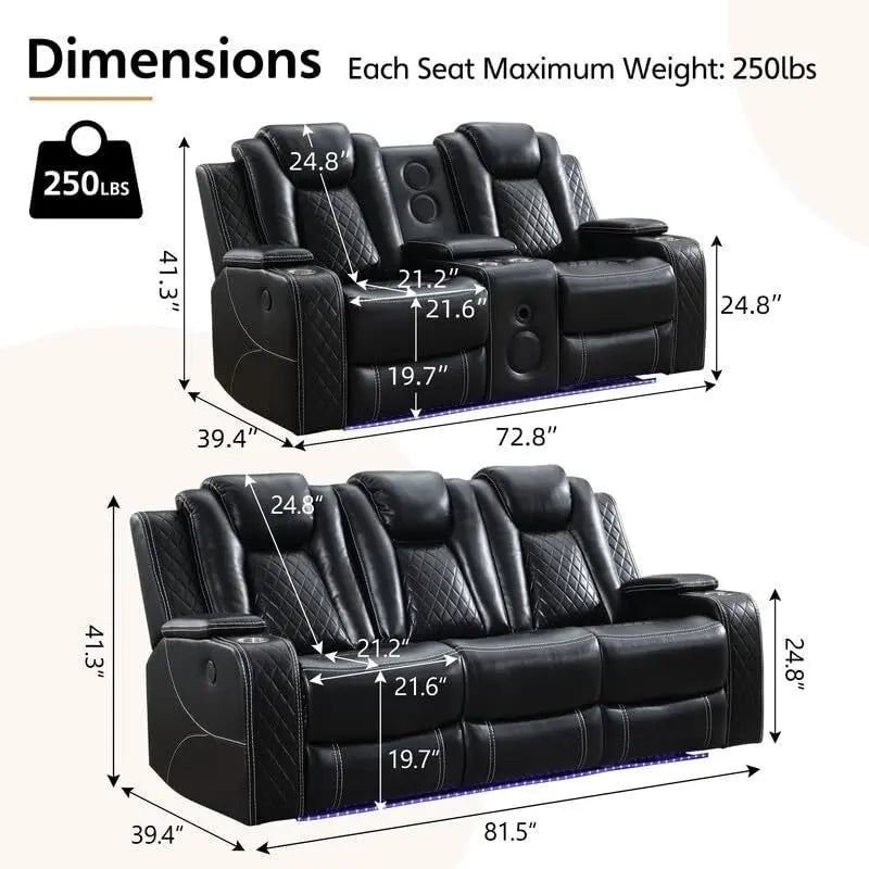 Black Power Reclining Sofa with Wireless Charger, Reading Light, Faux Leather, LED Lighting, AC/USB Ports, and Cup Holder for Living Room