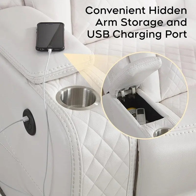 Black Power Reclining Sofa with Wireless Charger, Reading Light, Faux Leather, LED Lighting, AC/USB Ports, and Cup Holder for Living Room