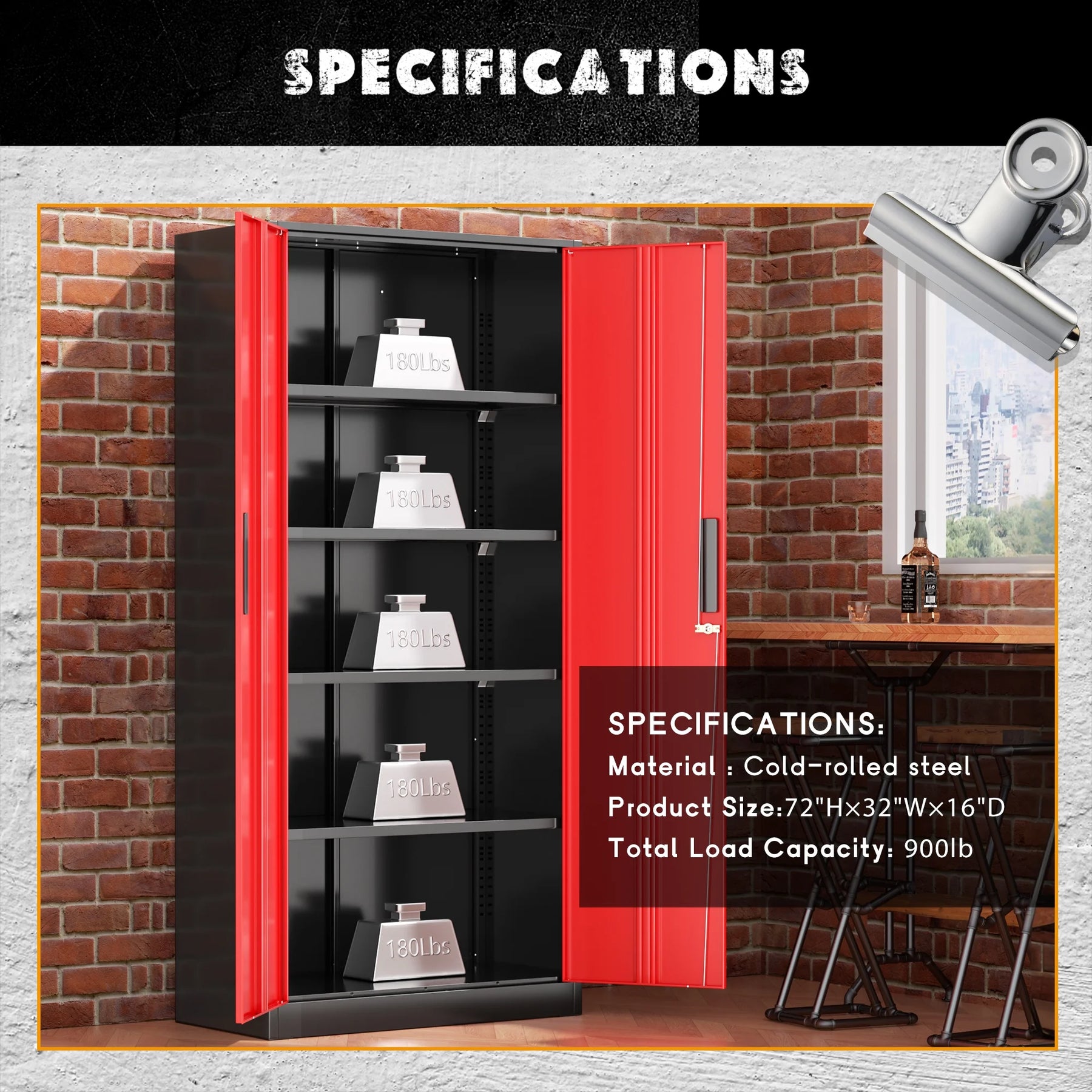 SOLAURA 71" Metal Garage Storage Cabinet with Locking Doors and Adjustable Shelves for Home, Office(Black)