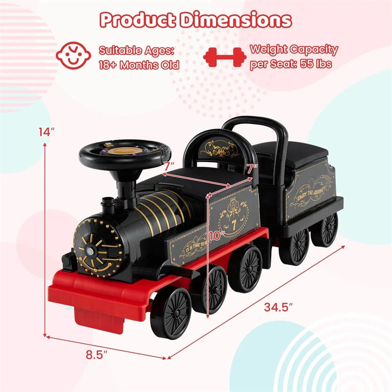 6V 2 - Seater Ride On Train with Detachable Carriage, Under - Seat Storage, Whistle & Flashing LED Lights, Trackless Electric Ride On Toy for Kids
