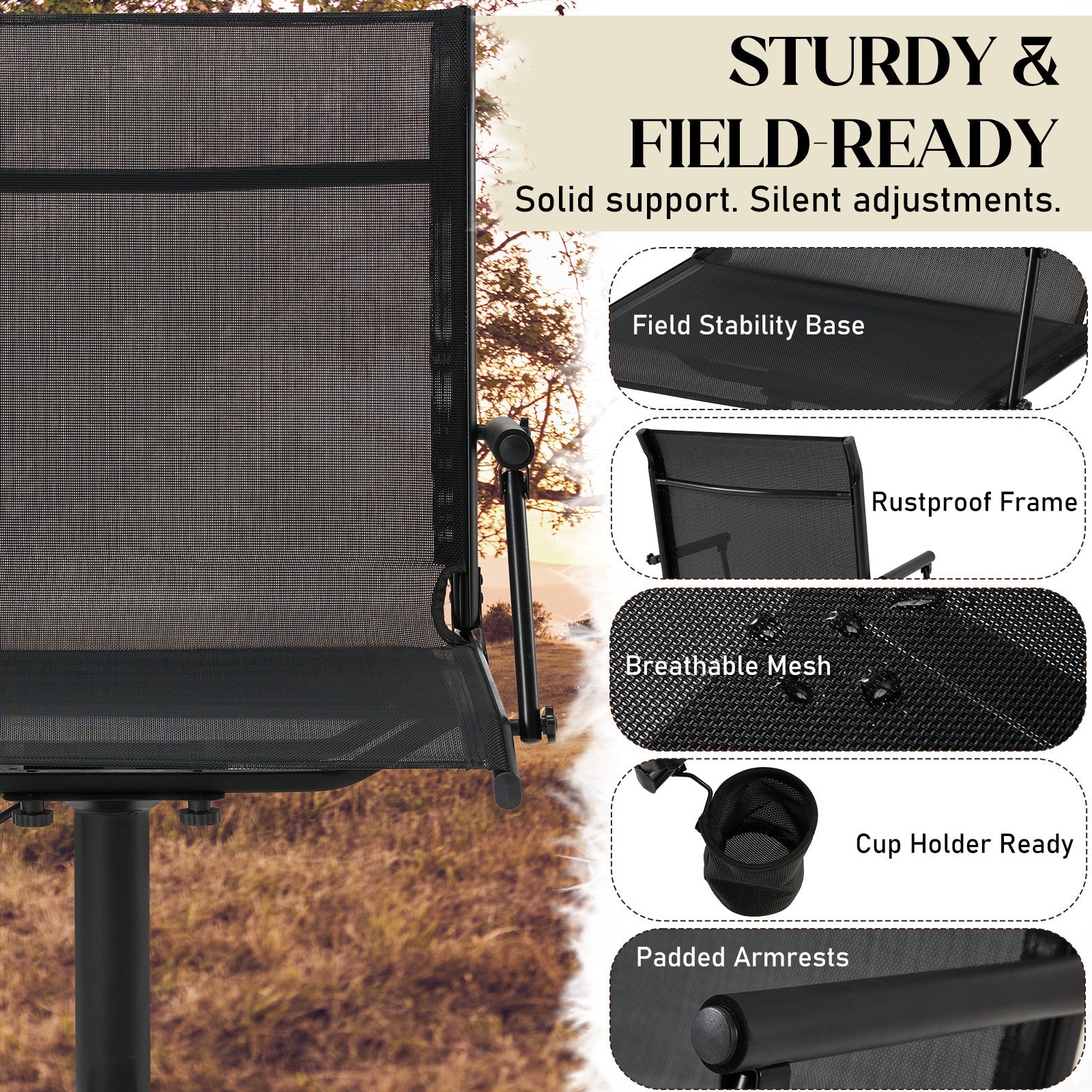 AECOJOY Hunting Swivel Chair, Adjustable Height, Foldable Backrest, Sturdy Frame for Long Hunts