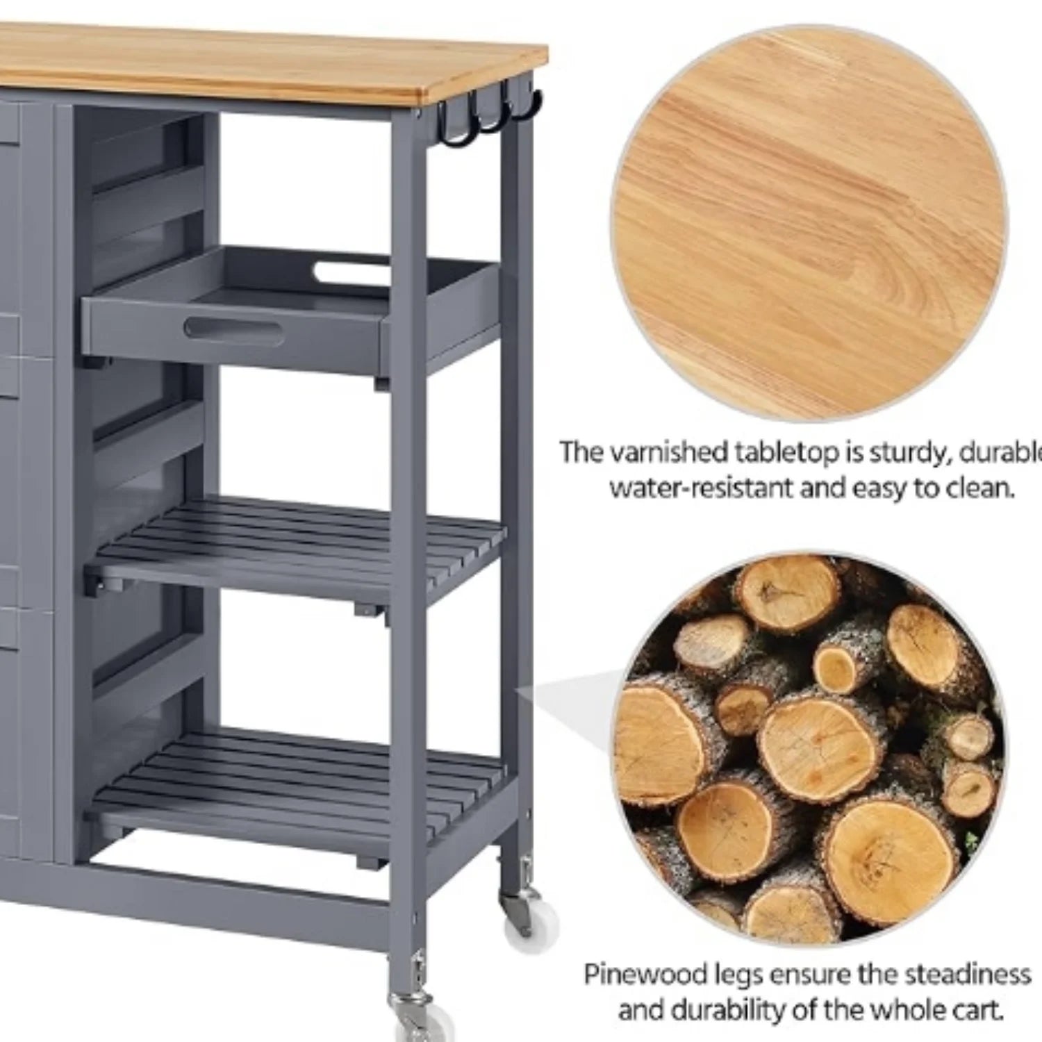 Kitchen Island Cart on Wheels with Storage, Solid Wood Top, 3 Drawers and Removable Shelves, Rolling Utility Cart, Dark Gray