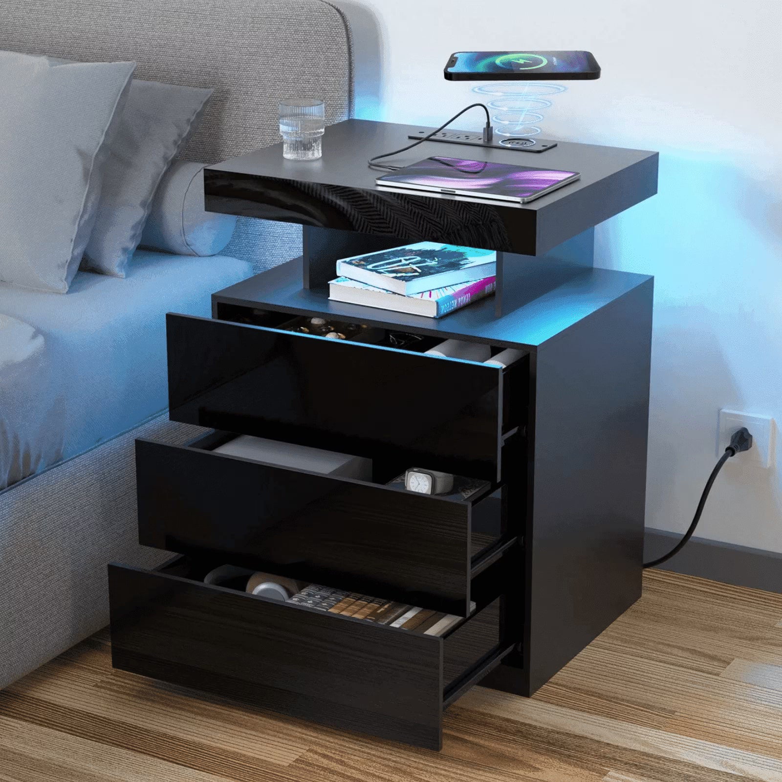 Hommpa LED Nightstand Wireless Charging Station USB Type C Outlets Bedside Table 3 Drawers Black Night Table Modern Smart Nightstand High Gloss End Side Table for Bedroom Furniture 26.8" Tall