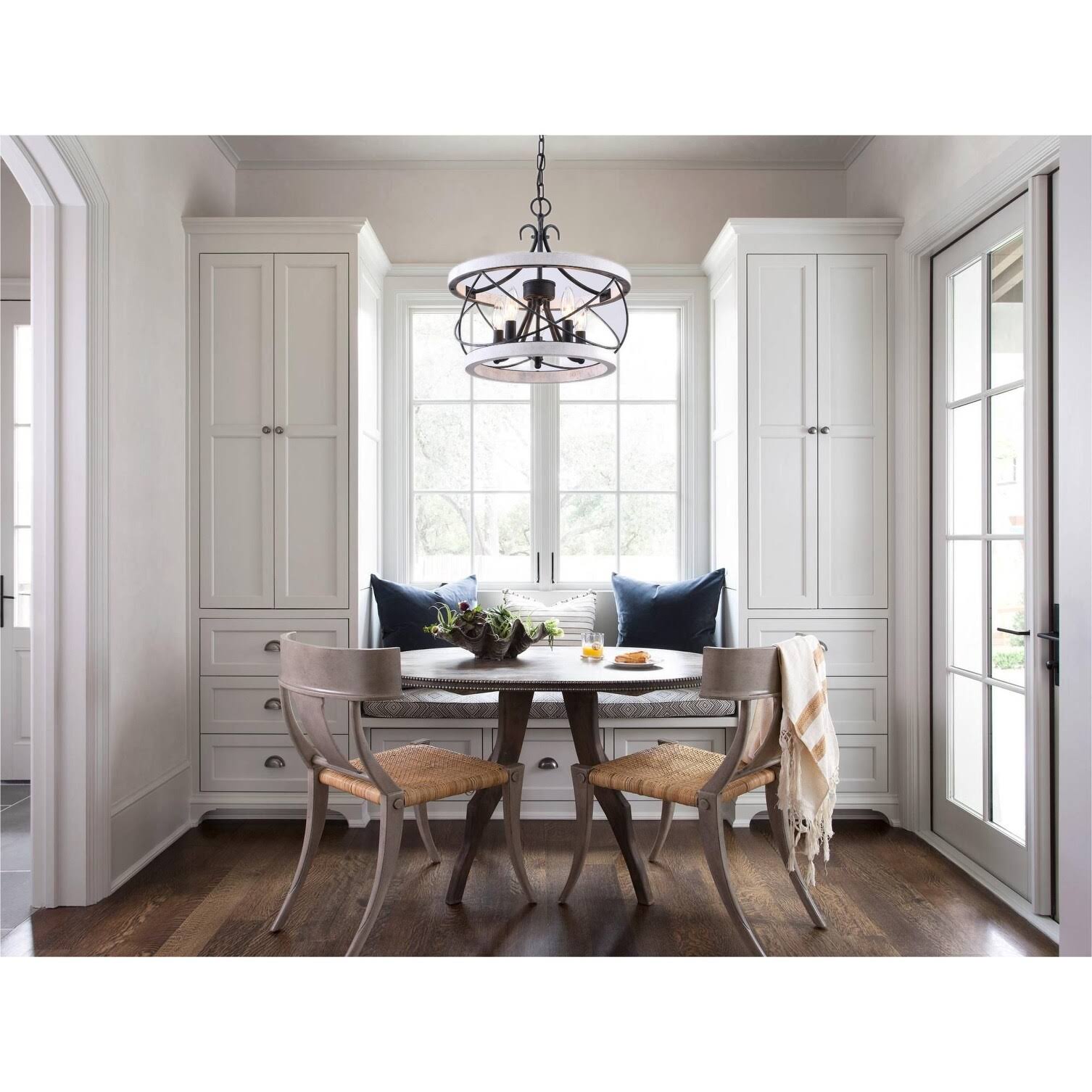 Oaks Aura Farmhouse 5-Light Cage Rustic Wood Chandelier, Adjustable Industrial Pendant Ceiling Light for Kitchen Dining Room - Distressed White