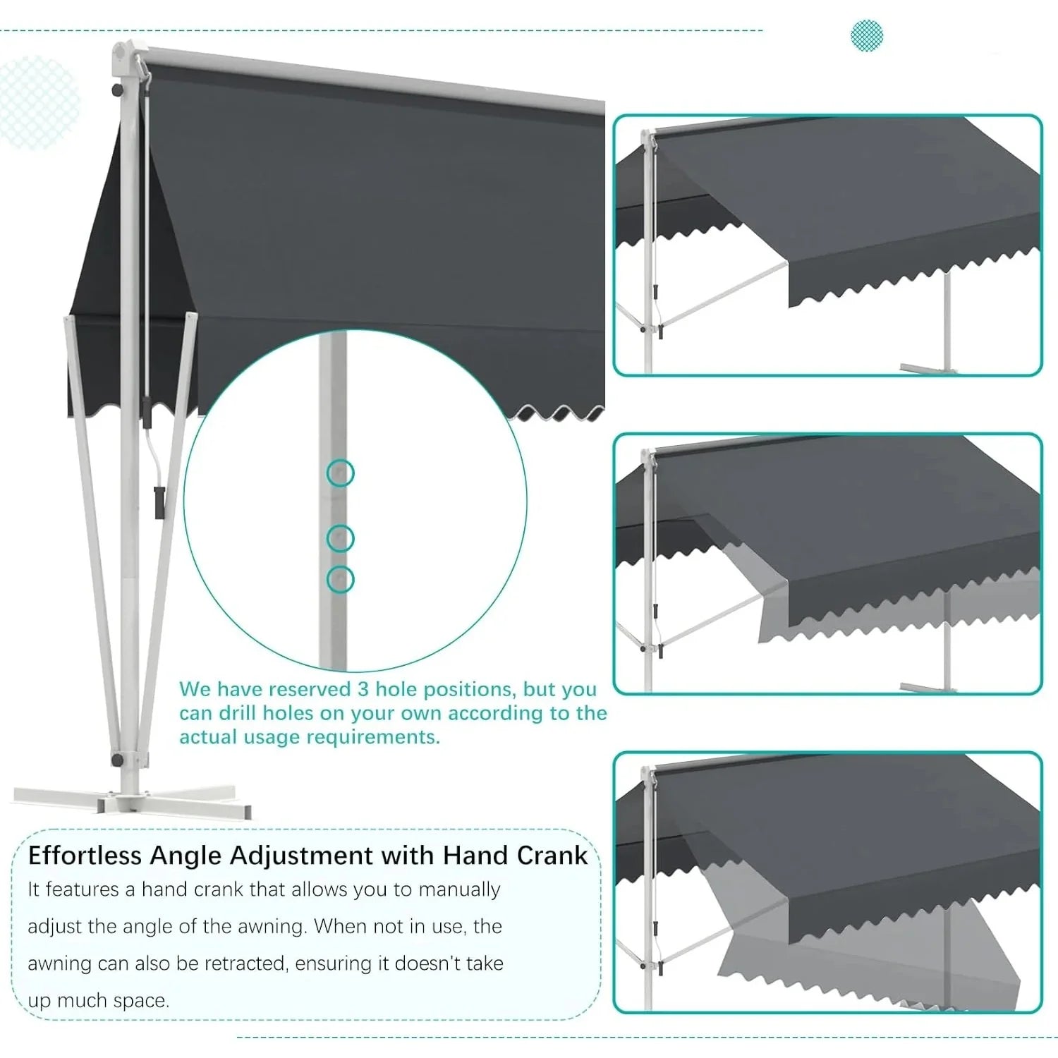 AECOJOY Free Standing Retractable Awning, 10'x10' Dual Side Patio Awnings Outdoor Manual Sun Shade Shelter, Dark Grey
