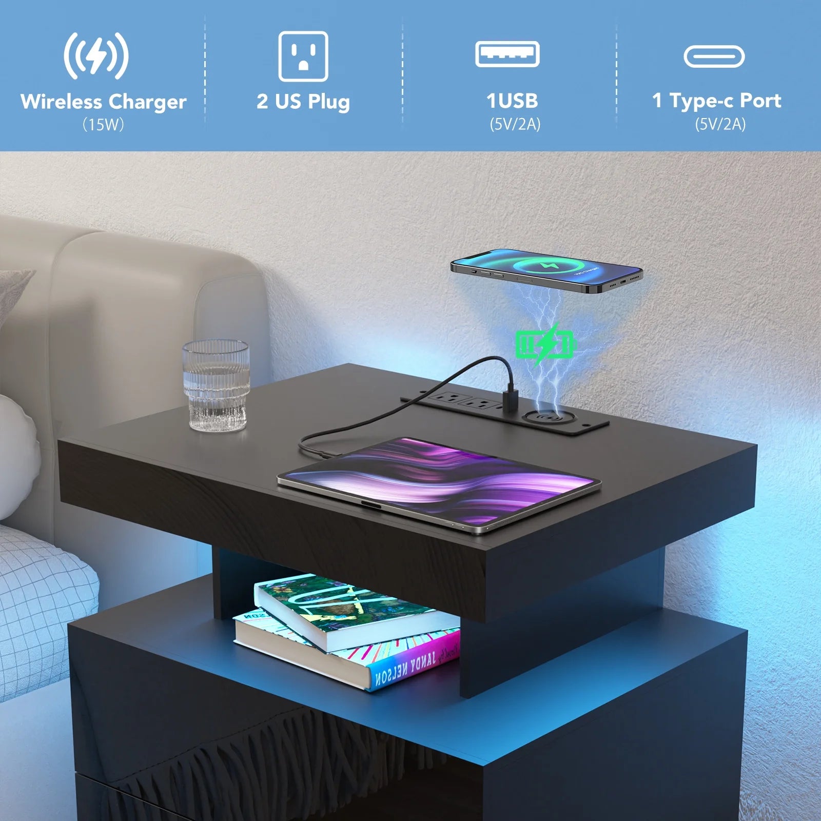 Hommpa LED Nightstand Wireless Charging Station USB Type C Outlets Bedside Table 3 Drawers Black Night Table Modern Smart Nightstand High Gloss End Side Table for Bedroom Furniture 26.8" Tall