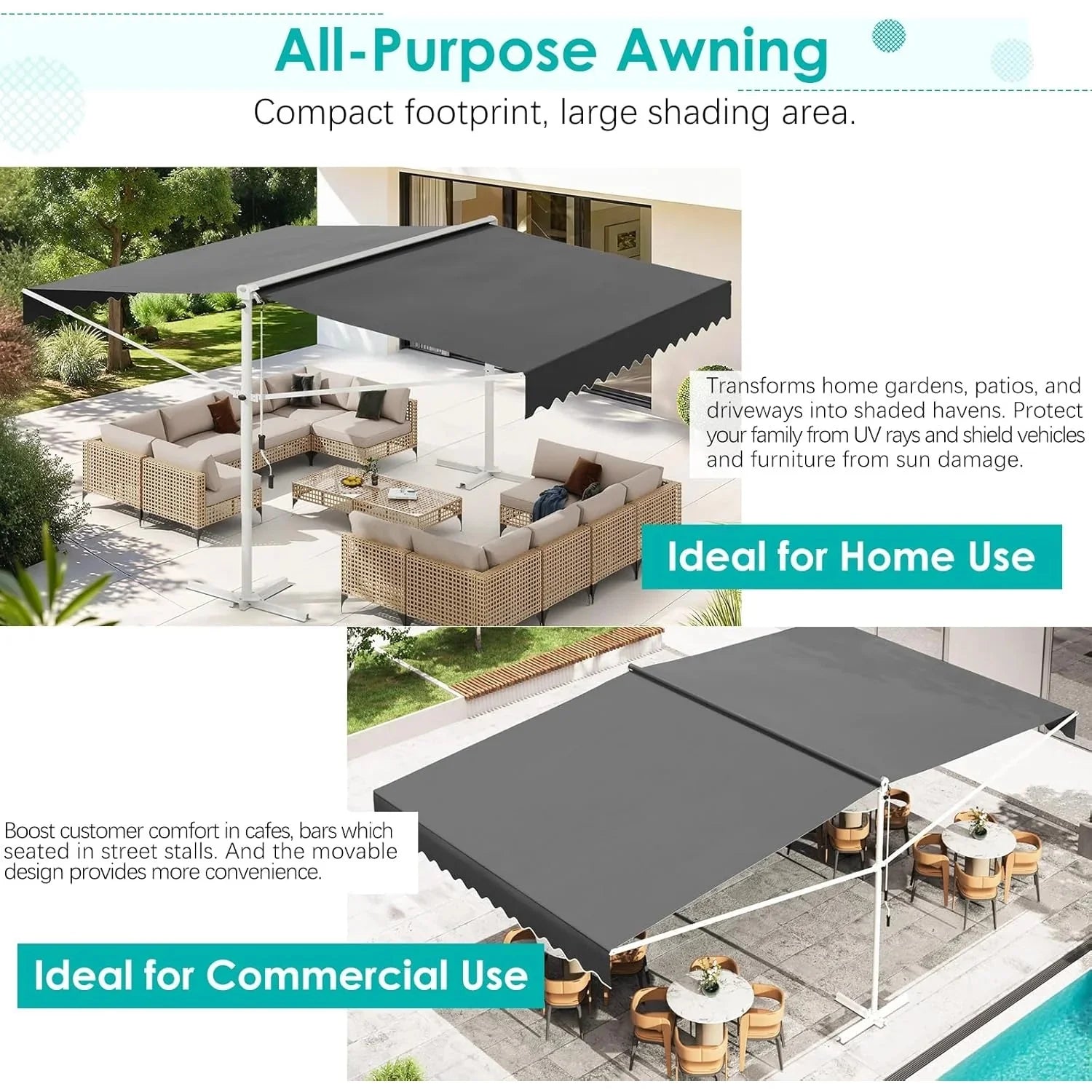 AECOJOY Free Standing Retractable Awning, 10'x10' Dual Side Patio Awnings Outdoor Manual Sun Shade Shelter, Dark Grey