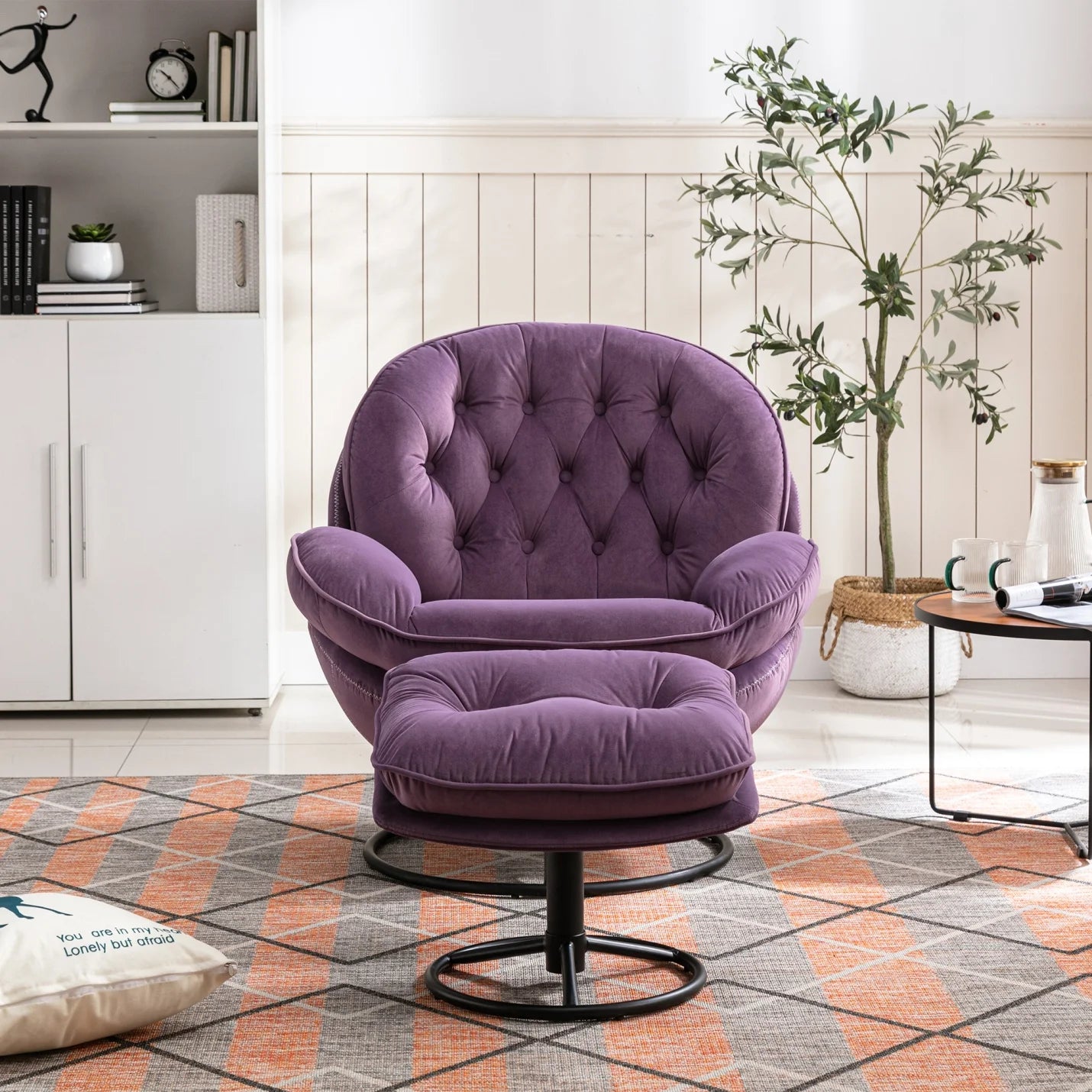 Velvet Swivel Accent Chair with Ottoman, Modern Chaise Lounge Chair with Metal Frame and Footstool, Comfy Armchair Reading Chair