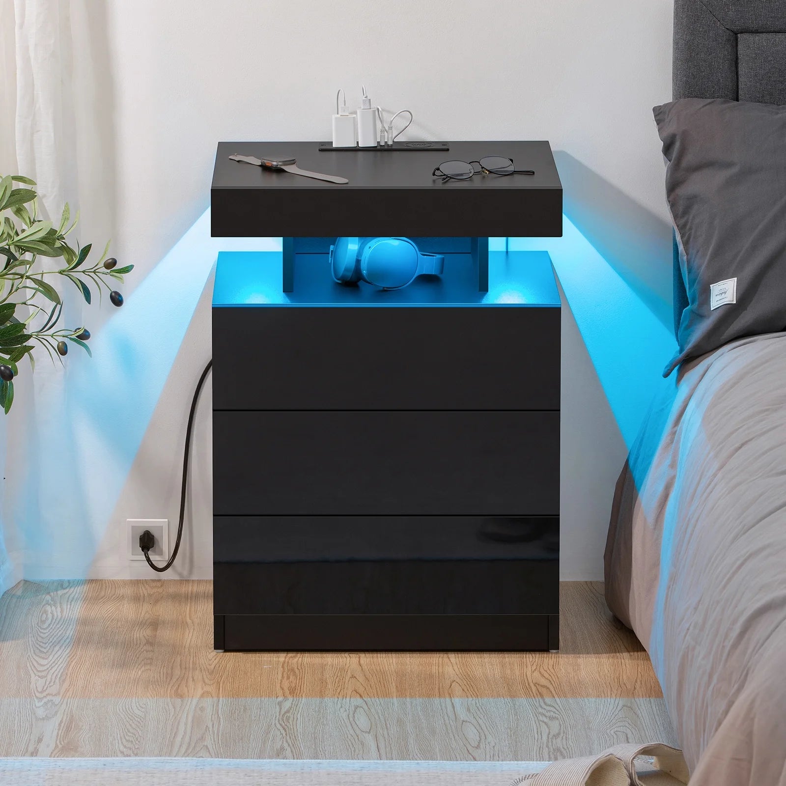 Hommpa LED Nightstand Wireless Charging Station USB Type C Outlets Bedside Table 3 Drawers Black Night Table Modern Smart Nightstand High Gloss End Side Table for Bedroom Furniture 26.8" Tall
