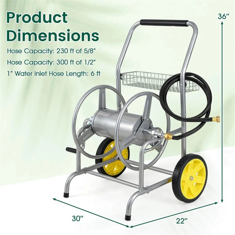 Garden Hose Reel Cart Holds 230FT of 5/8" Hose, Heavy - Duty Hose Cart with 2 Wheels & Storage Basket, Portable Water Hose Organizer for Yard
