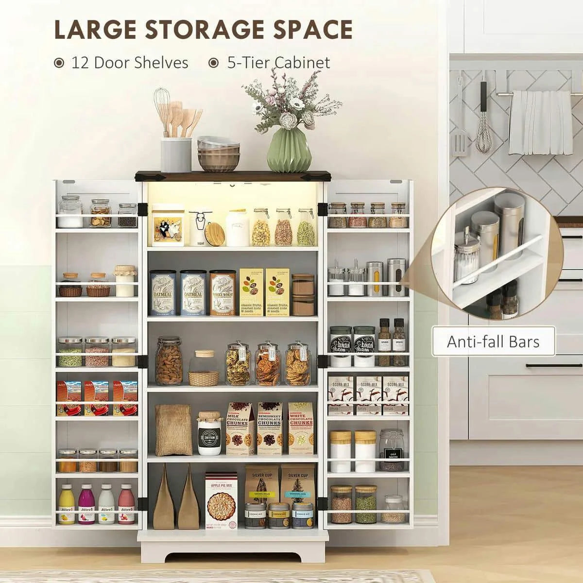 Spaco 17-Tier Kitchen Small Pantry Cabinet with 2 Doors and 6 Adjustable Shelves, Cabinet Pantry, Freestanding 5-Tier Shelving Pantries