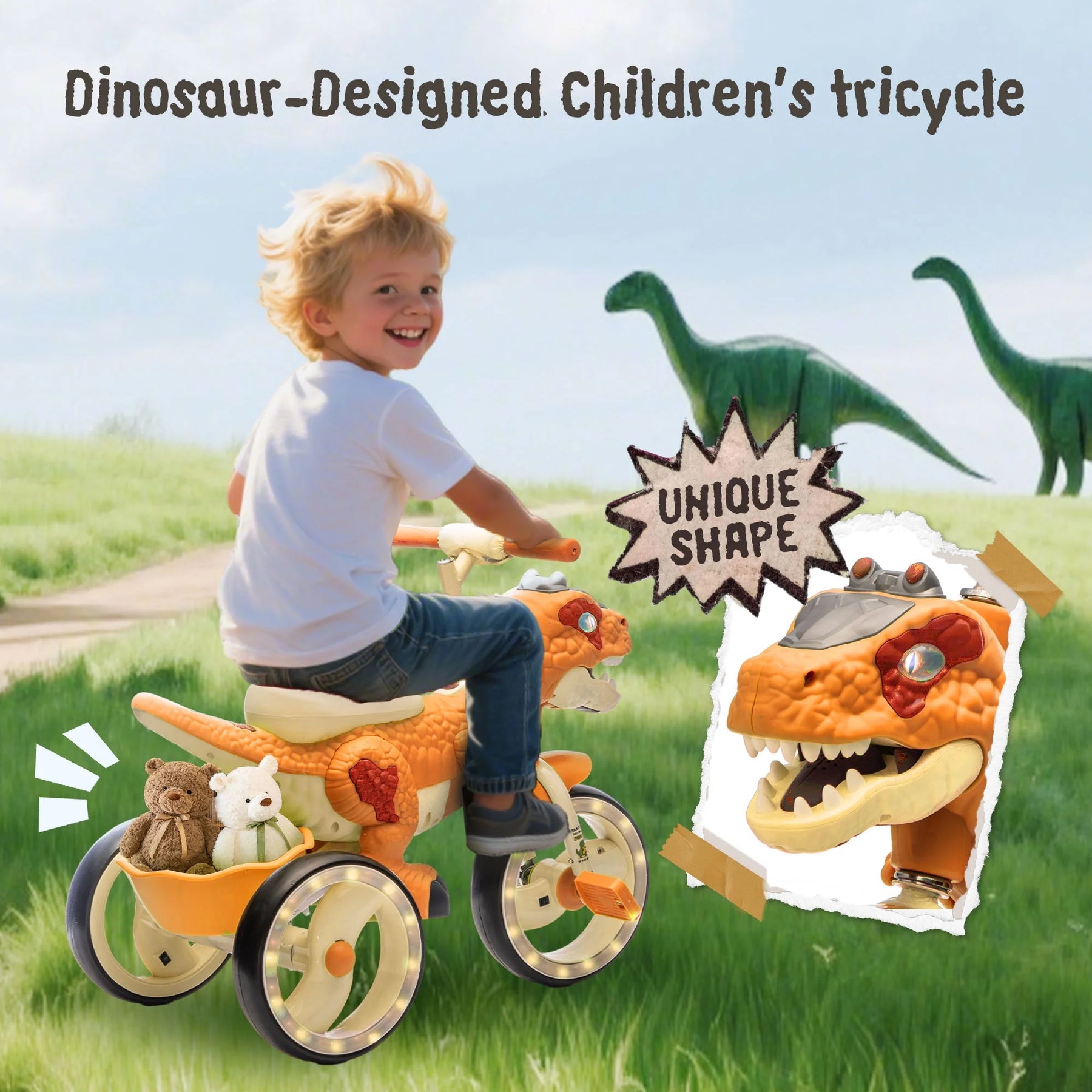 Xuanlur Kids Ride on Dinosaur Tricycle, Toddlers Kid Trike with Wide Flash Wheels, Anti - Slip Pedals, Rear Basket, Music & LED Lights, Toddler Bike