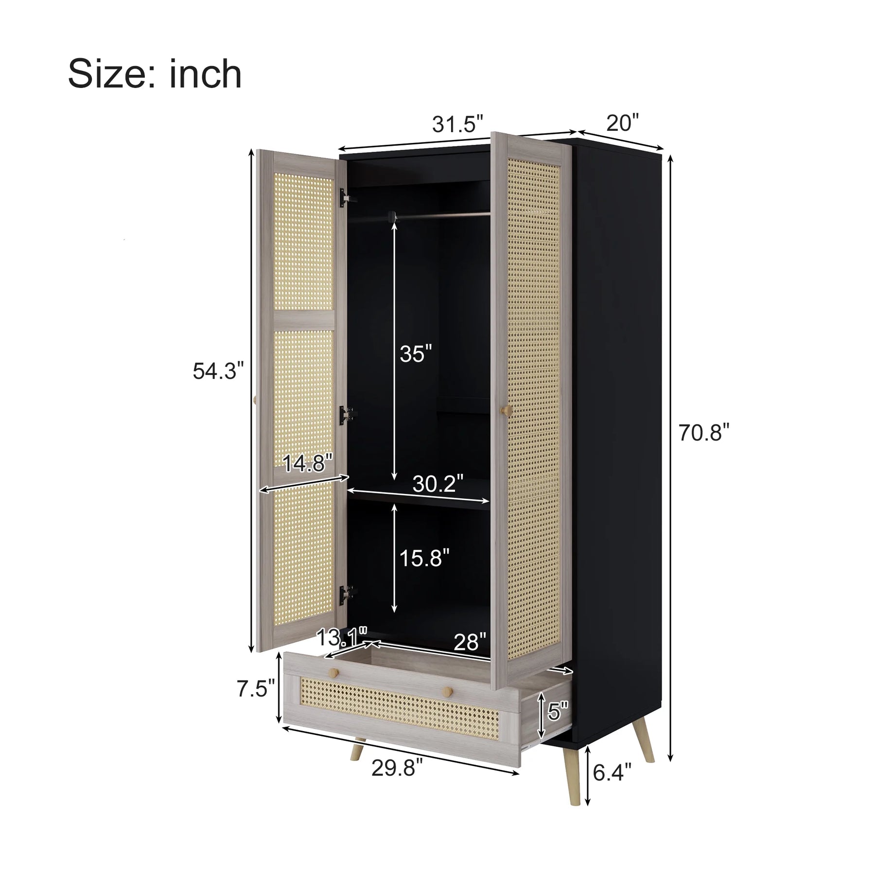 GOMYHOME Accent Cabinet with Rattan Doors & Drawer, Modern Storage Armoire for Living Room, Bedroom, Natural Wood Finish