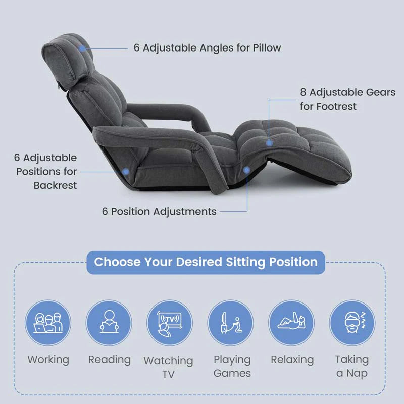 6 - Position Adjustable Floor Sofa Bed, Folding Lazy Sofa Chaise Lounger Recliner with Armrests & Footrests for Living Room, Bedroom & Gaming