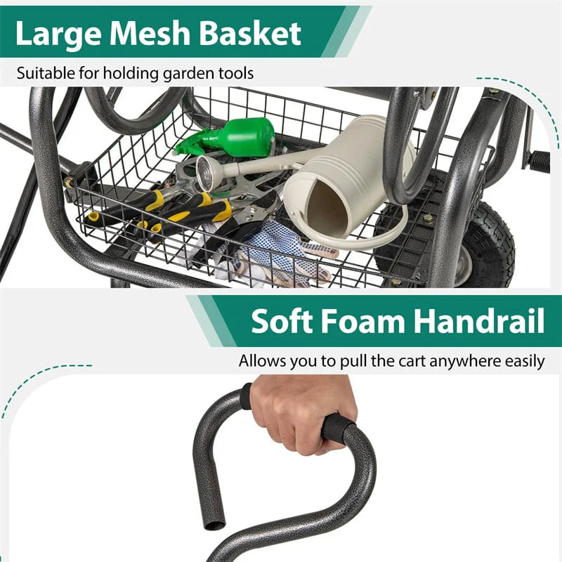 Portable Garden Hose Reel Cart Holds 300FT of 5/8" Large Capacity, Heavy - Duty Metal Hose Cart with 4 Wheels & Storage Basket for Lawn Yard
