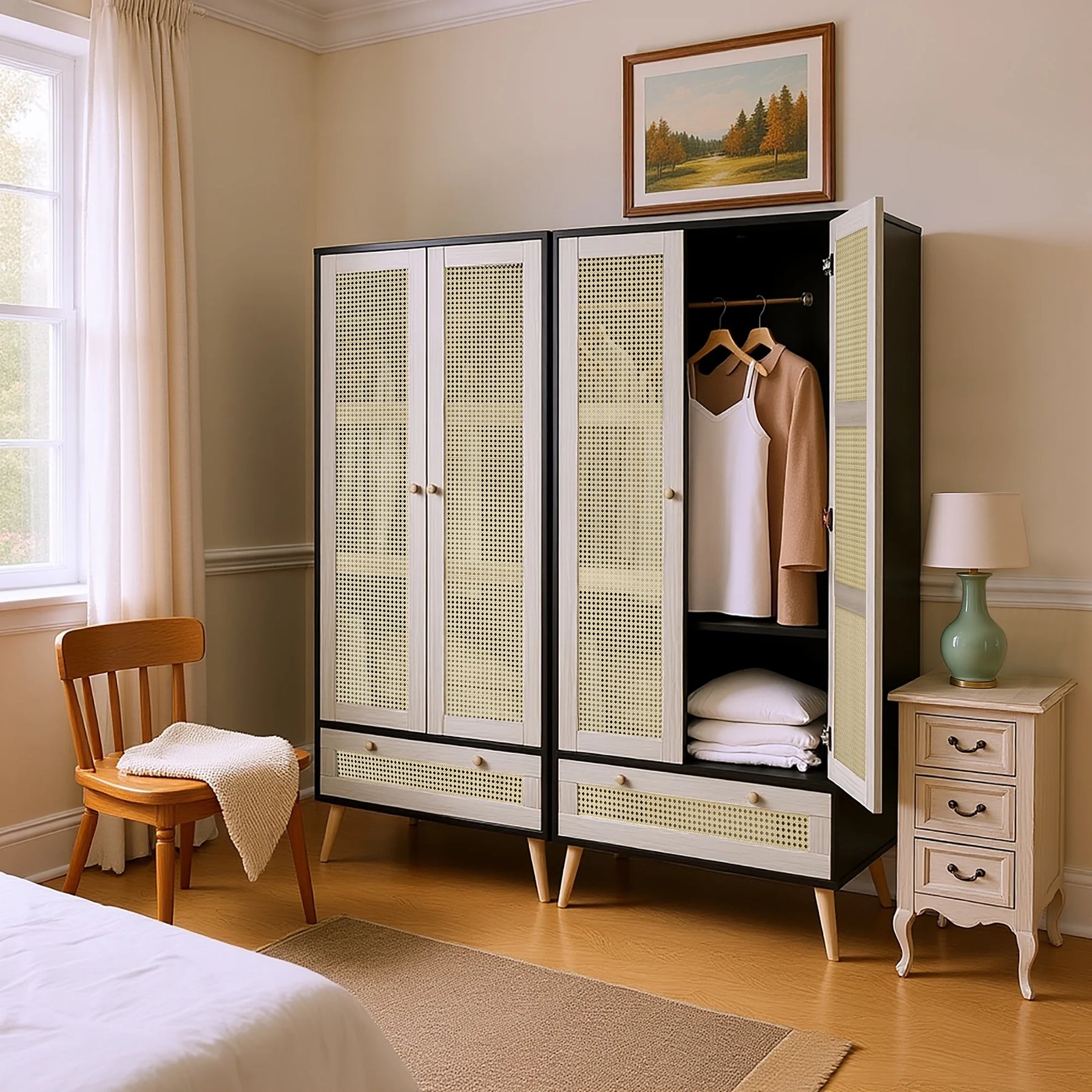 GOMYHOME Accent Cabinet with Rattan Doors & Drawer, Modern Storage Armoire for Living Room, Bedroom, Natural Wood Finish
