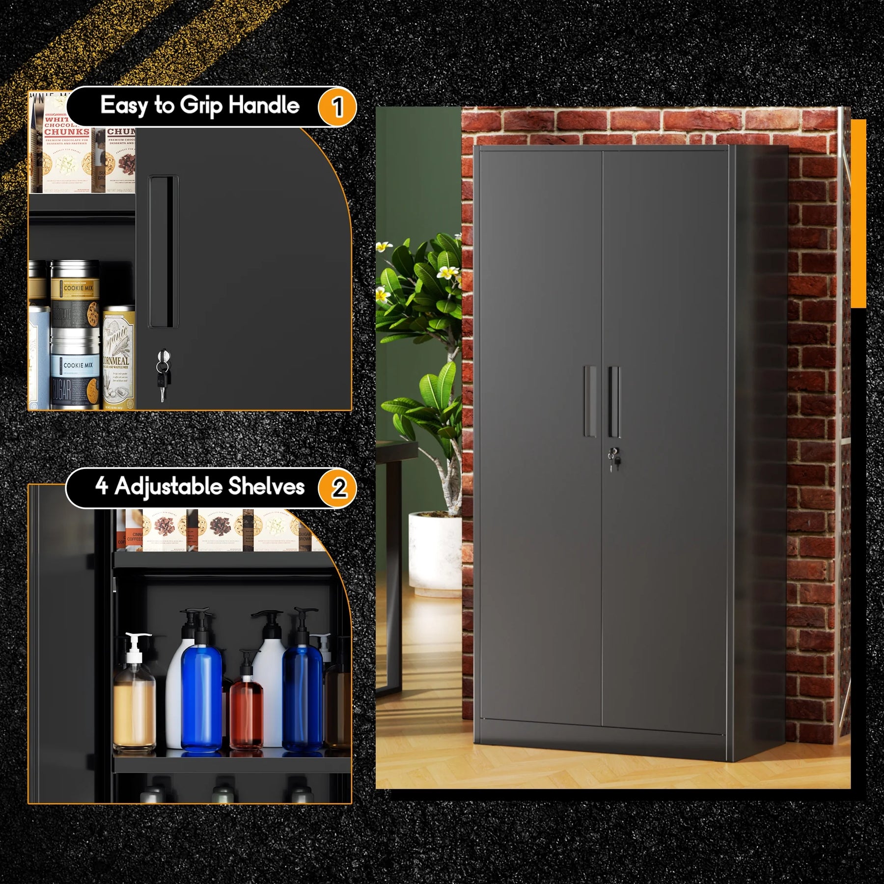 SOLAURA 71" Metal Garage Storage Cabinet with Locking Doors and Adjustable Shelves for Home, Office(Black)