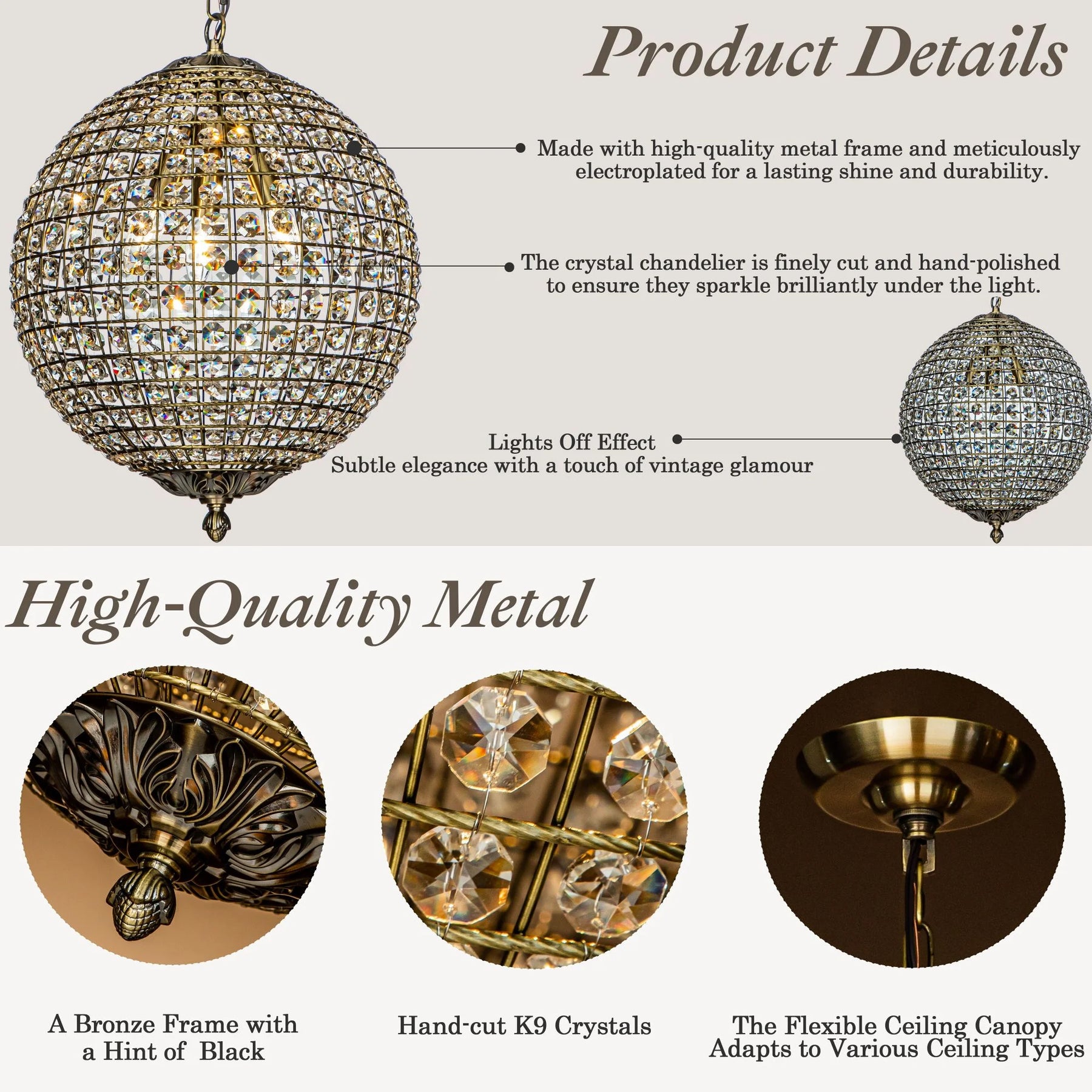 1-Light 12" Retro Antique Gold Crystal Globe Chandelier Small Sphere Pendant Light